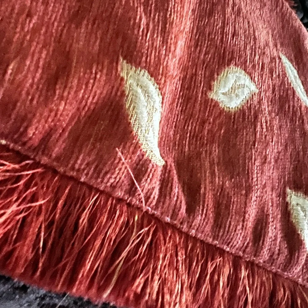 Rustic Embroidered Pillow‎ Cover – Autumn Red with Fringe Edges